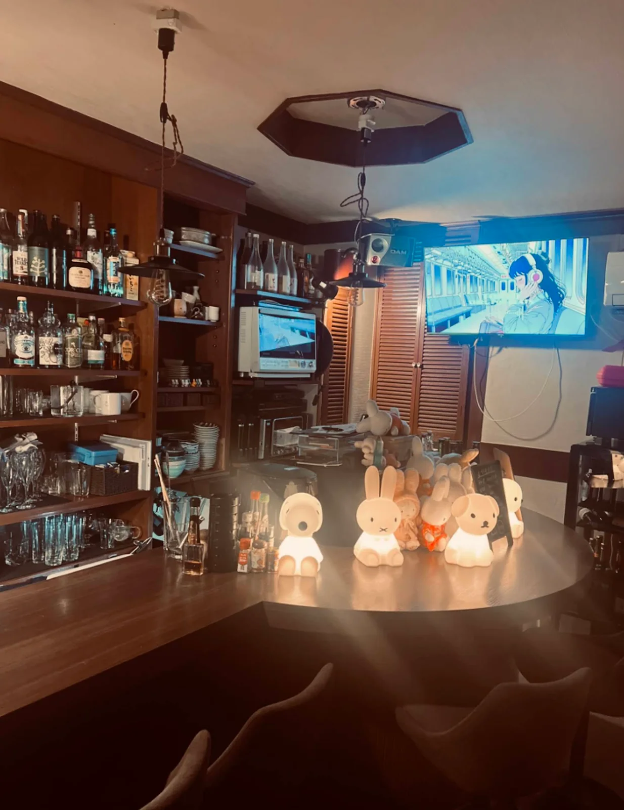 The counter and wooden shelves inside the bar